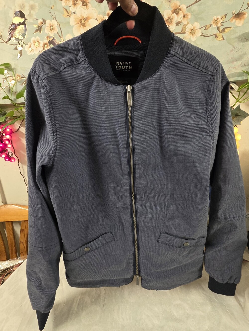 Native Youth Revolve Mens Small Bomber Jacket Coat Blue Full Zipper Pockets